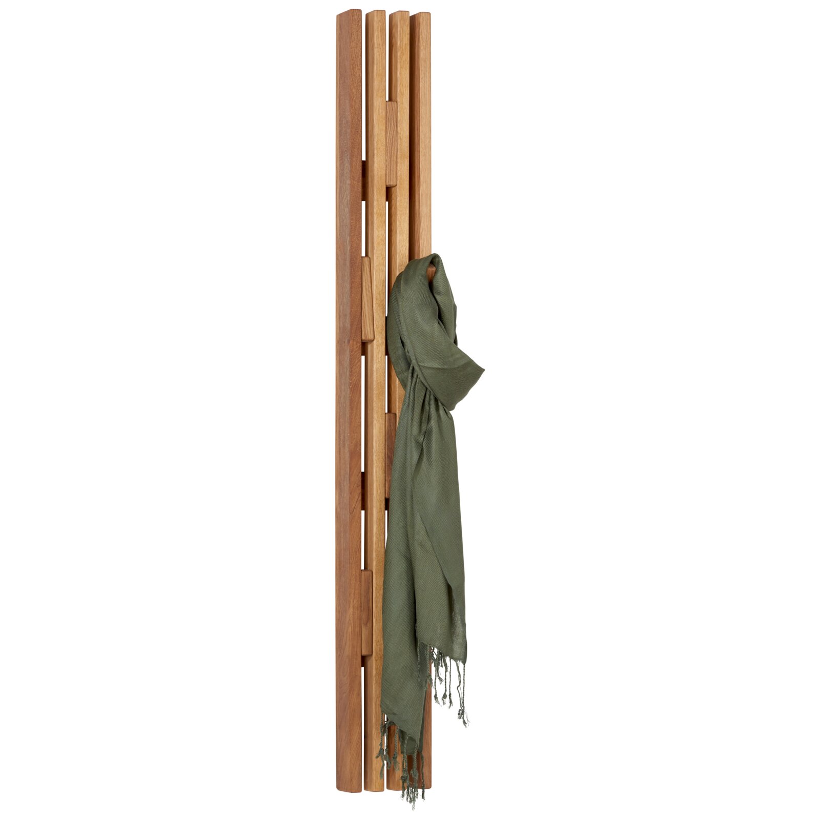 Linea Natura Garderobenpaneel schmal STUDIO LINE Schmale, vertikale Garderobe/Kleiderständer aus Holz mit mehreren Leisten und Haken, daran ein grüner Schal aufgehängt, Seitenansicht vor weißem Hintergrund