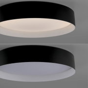 Schwarze, runde Deckenleuchte mit weißem Diffusor, eingeschaltet und von unten in leichter Untersicht fotografiert; darunter zweite Ansicht der gleichen Leuchte ausgeschaltet auf grauem Hintergrund.
