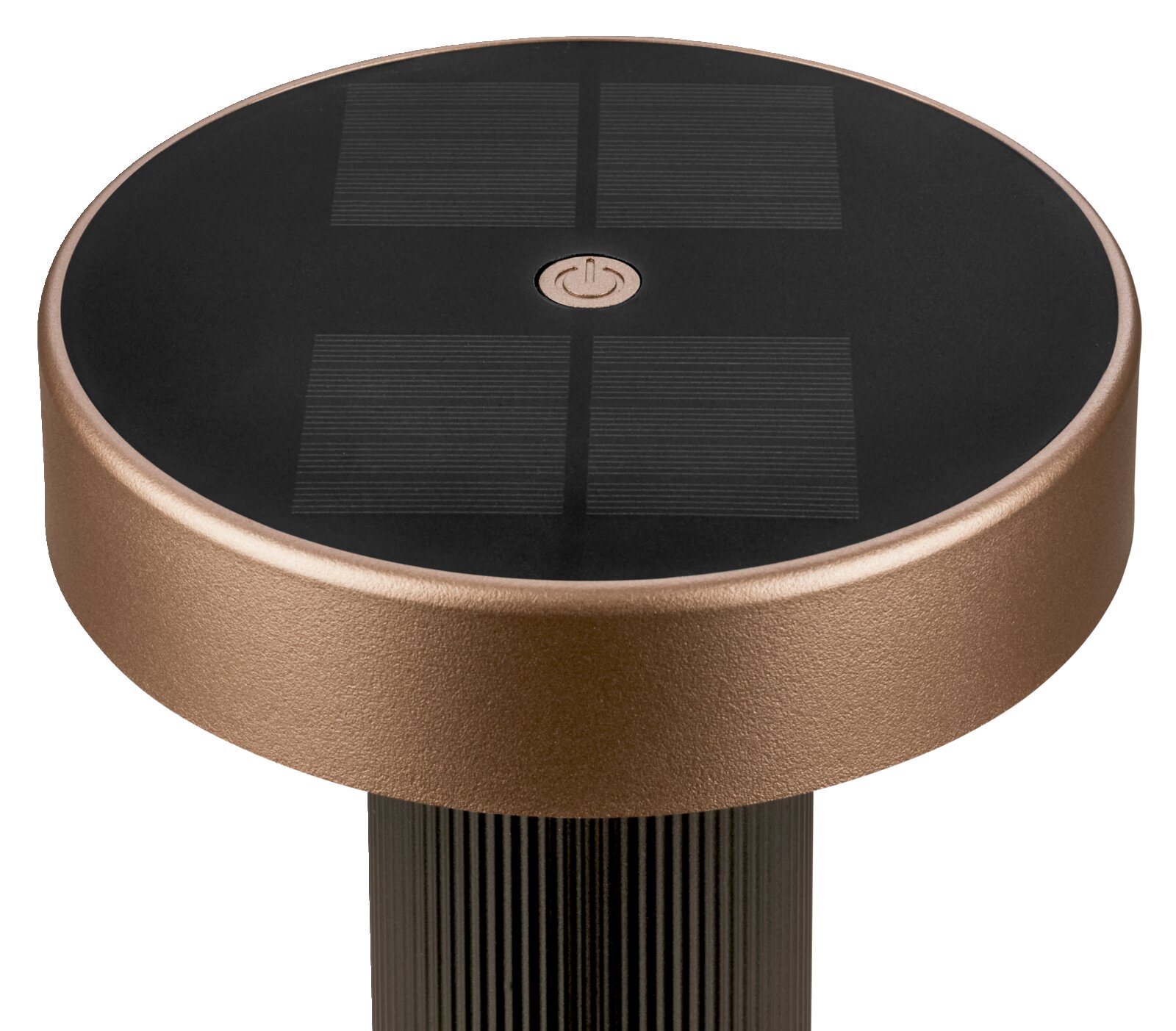 Runde Solarleuchte mit schwarzem Solarpanel und bronzefarbenem Rand, Nahaufnahme von oben in leicht schräger Perspektive