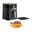 Schwarze Heißluftfritteuse EasyFry & Grill von Tefal, frontal abgebildet, mit Grillrost und einem Teller mit Pommes und Steak.