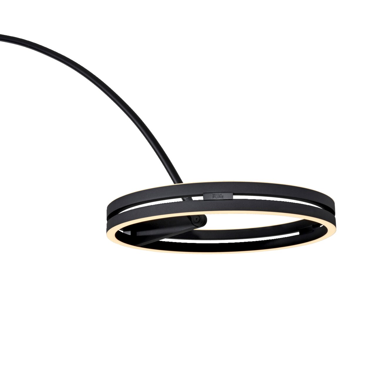 Moderne LED-Bogenleuchte in schwarzem Design, seitliche Perspektive