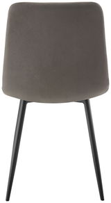 Rückansicht eines modernen Stuhls mit grauer Polsterung und schwarzen Metallbeinen