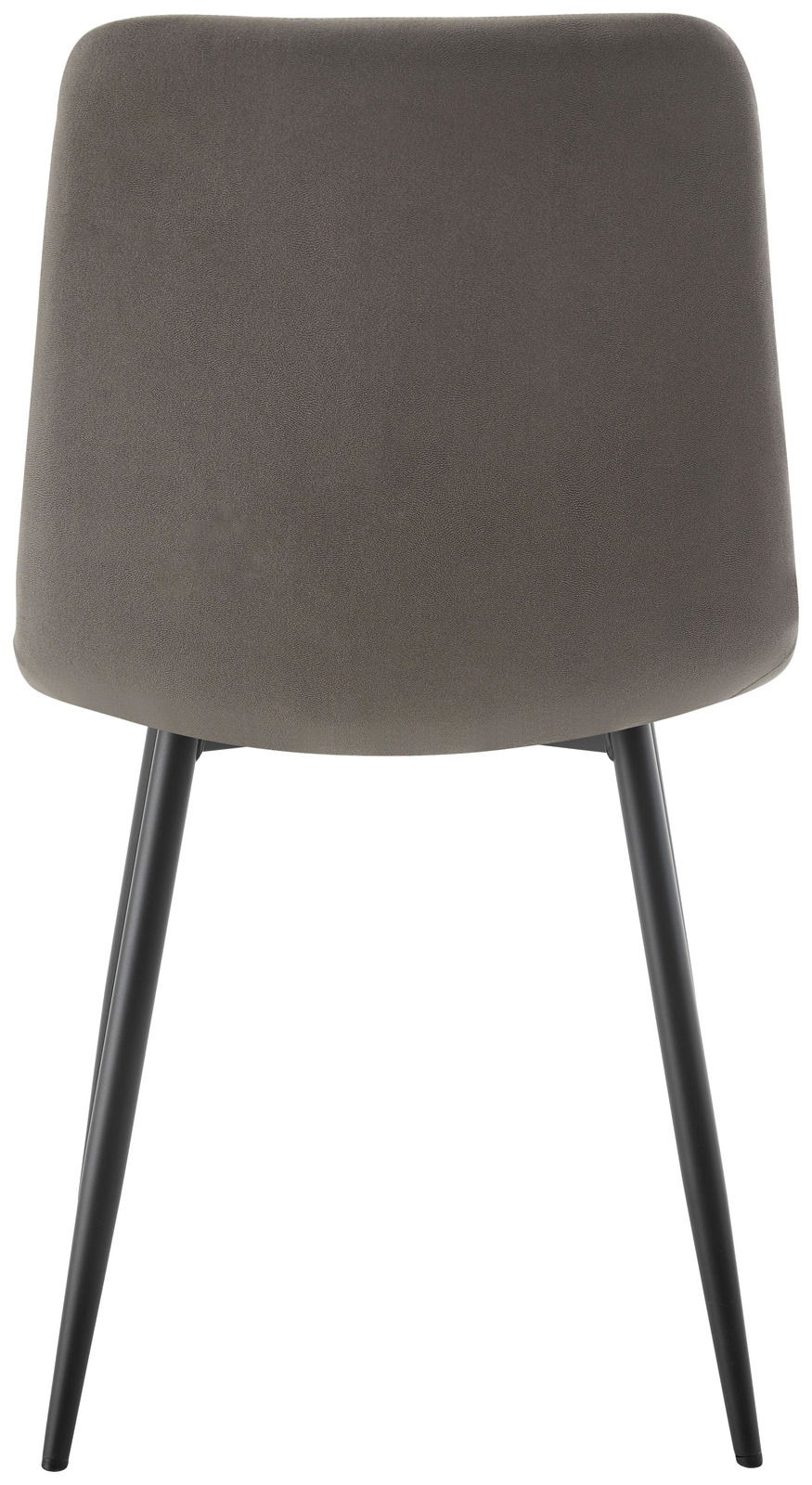 Rückansicht eines modernen Stuhls mit grauer Polsterung und schwarzen Metallbeinen
