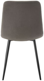 Rückansicht eines modernen Stuhls mit grauer Polsterung und schwarzen Metallbeinen
