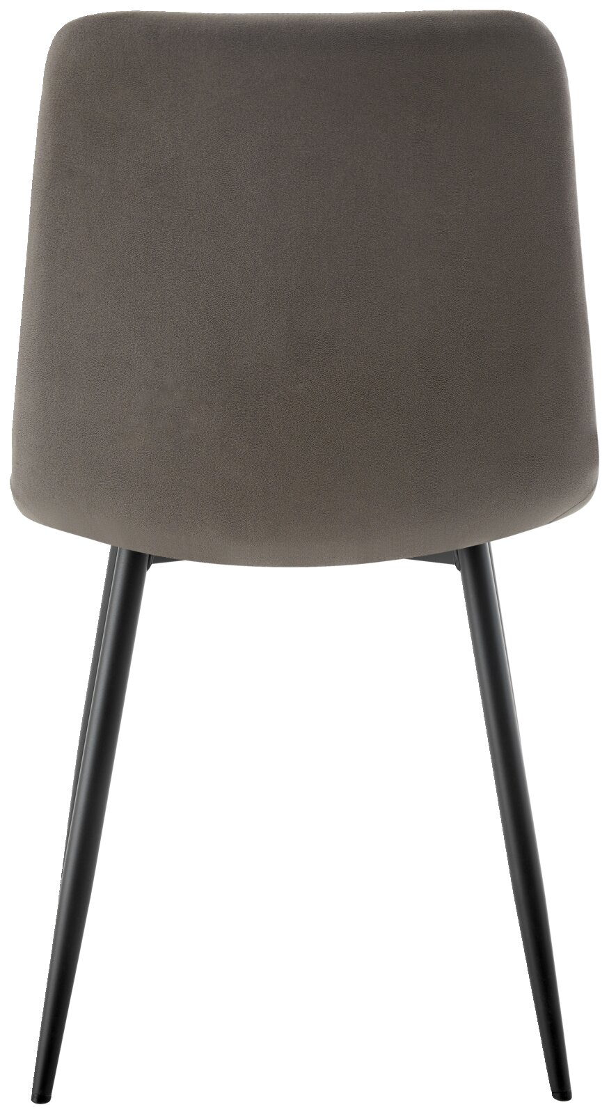 Rückansicht eines modernen Stuhls mit grauer Polsterung und schwarzen Metallbeinen