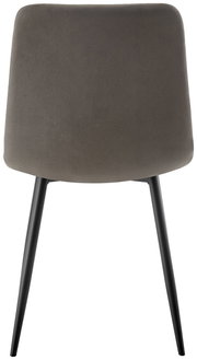 Rückansicht eines modernen Stuhls mit grauer Polsterung und schwarzen Metallbeinen