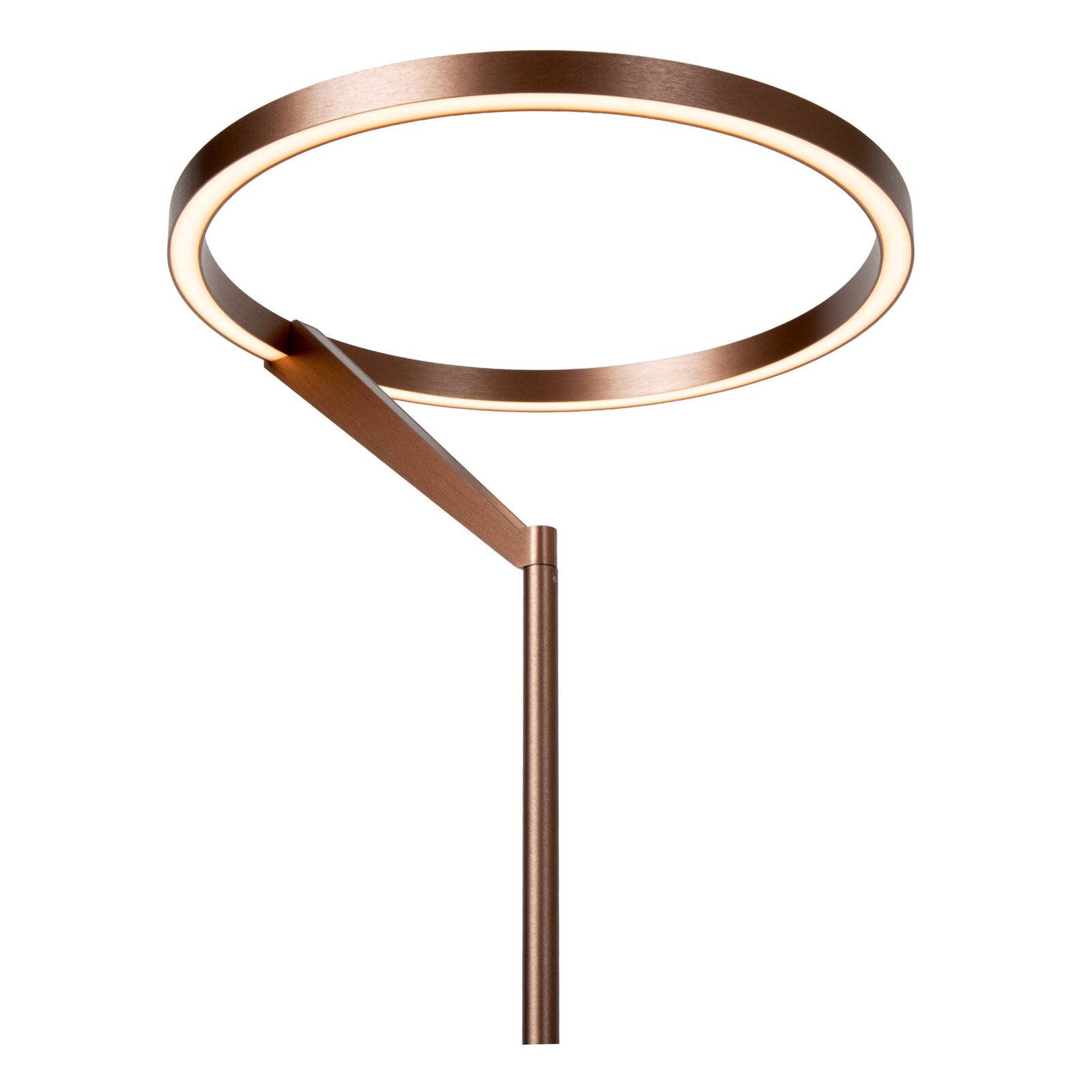 Moderne LED-Stehlampe mit ringförmigem Leuchtkopf in Bronzeoptik und warmweißem Licht, schräg von vorne auf weißem Hintergrund fotografiert