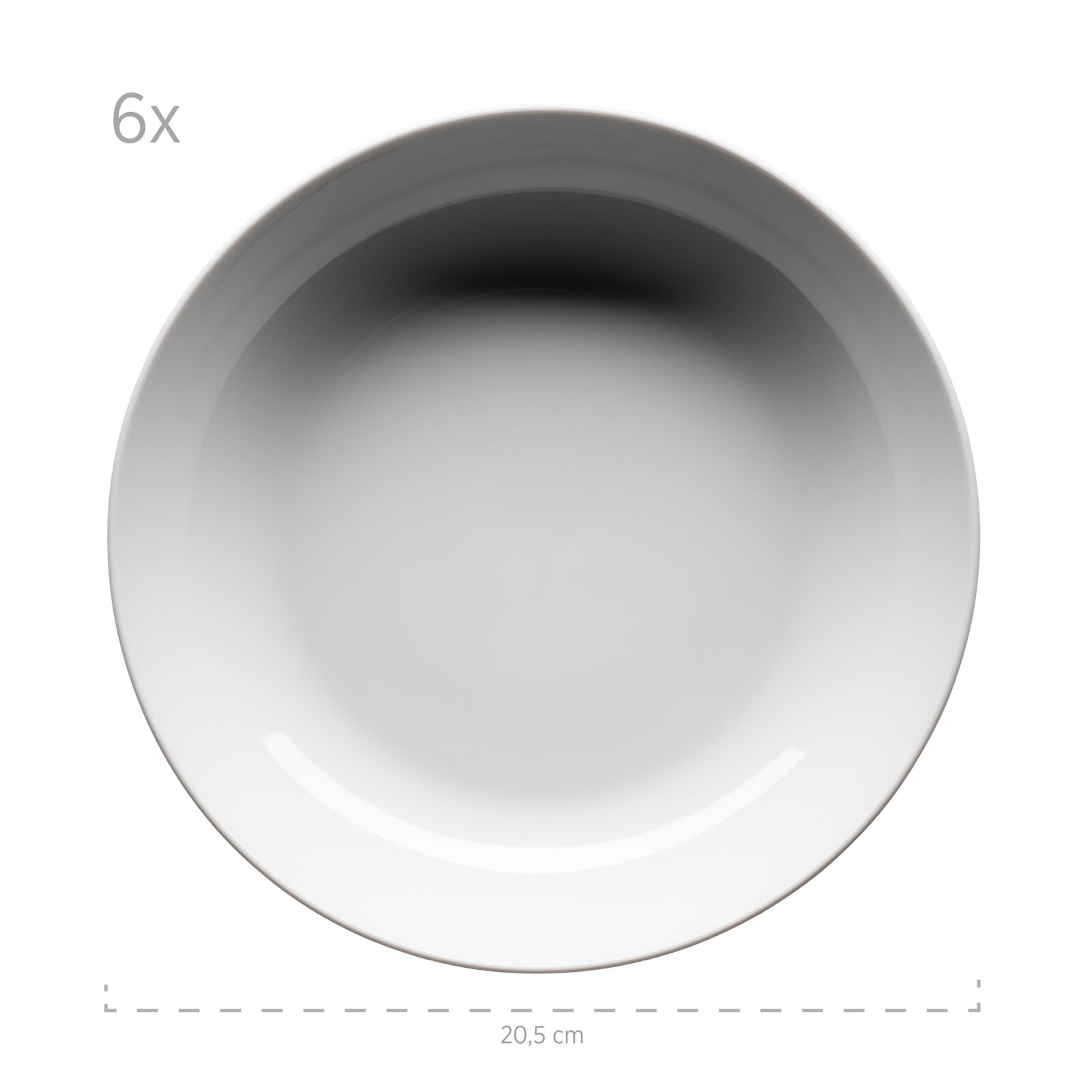 Weißer tiefer Suppenteller/Schale im 6er-Set, Ø ca. 20,5 cm, Draufsicht von oben auf weißem Hintergrund