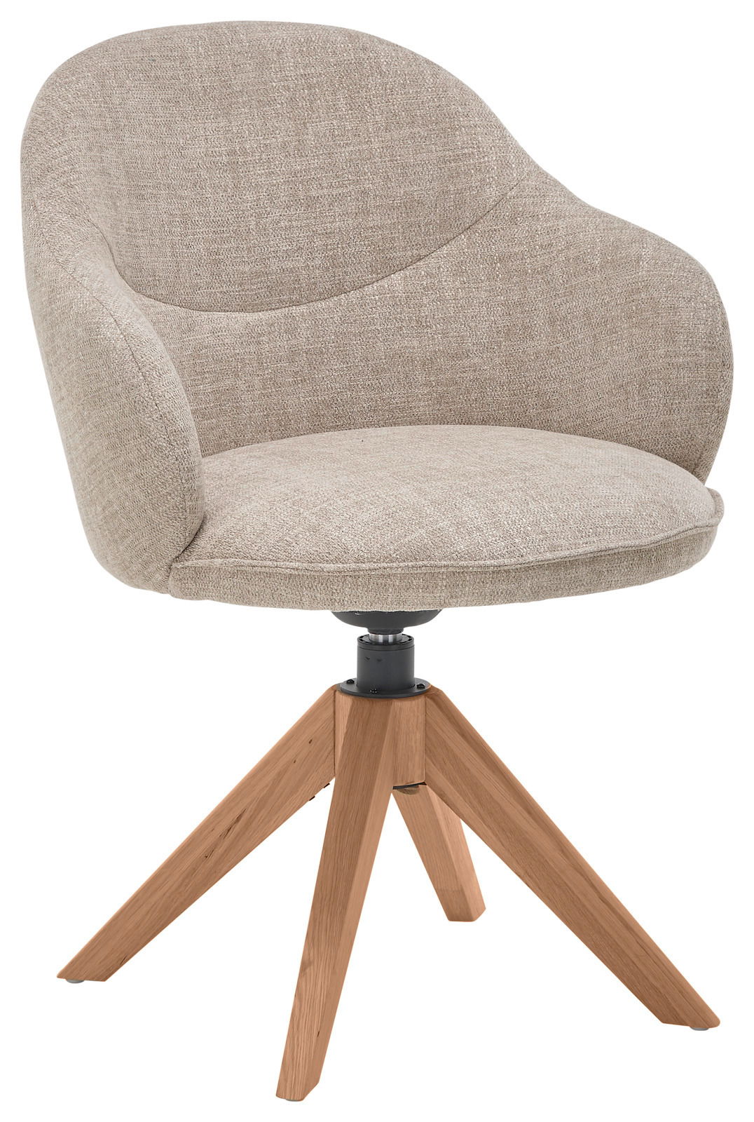 Moderner Stuhl mit beigem Stoffbezug und Holzbeinen, seitliche Perspektive