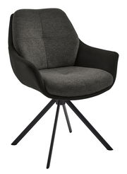 Moderner Armlehnstuhl mit grauem Stoffbezug und schwarzem Gestell, seitliche Perspektive