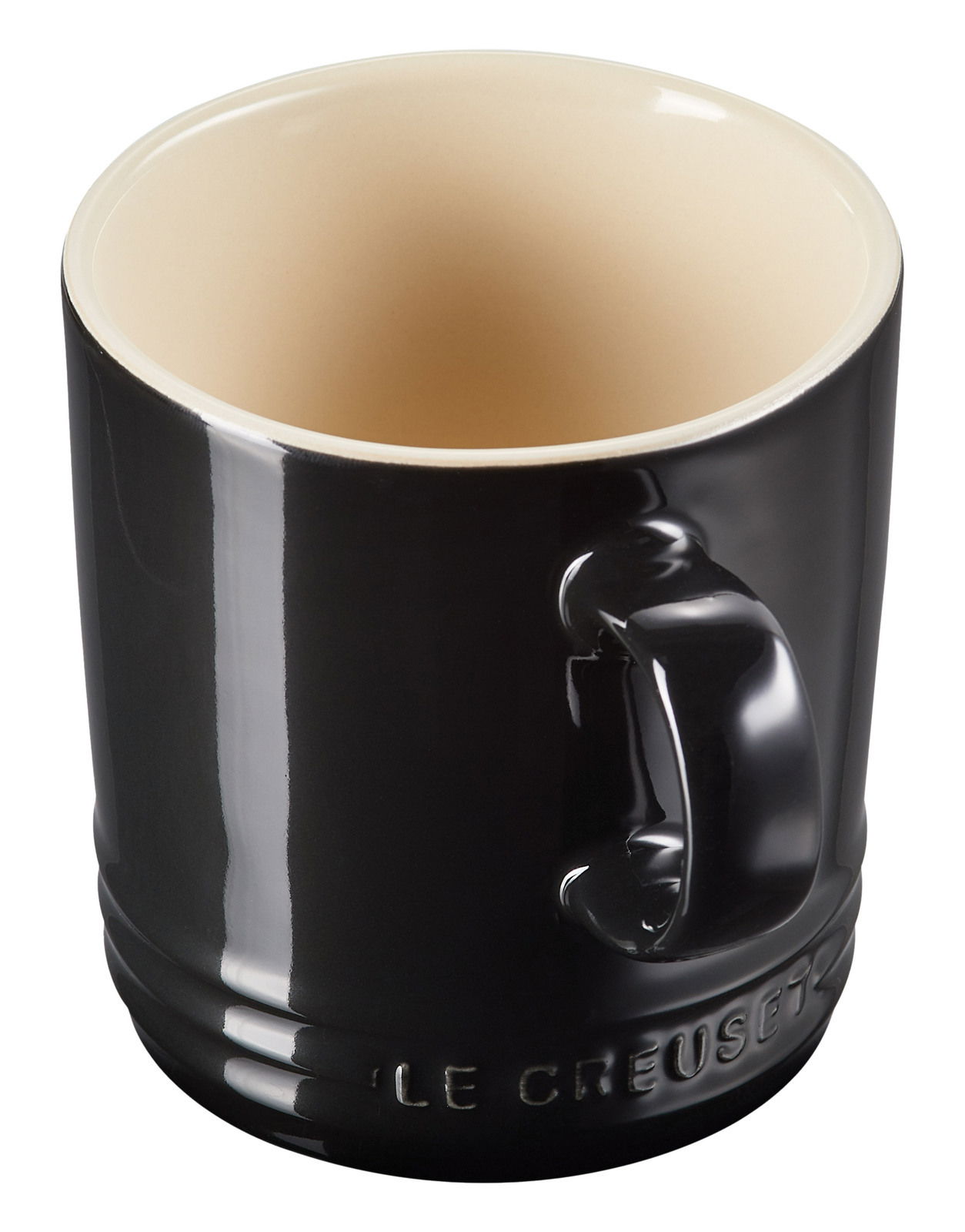 Schwarzer Becher mit cremefarbener Innenseite, seitliche Perspektive