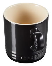 Schwarzer Becher mit cremefarbener Innenseite, seitliche Perspektive