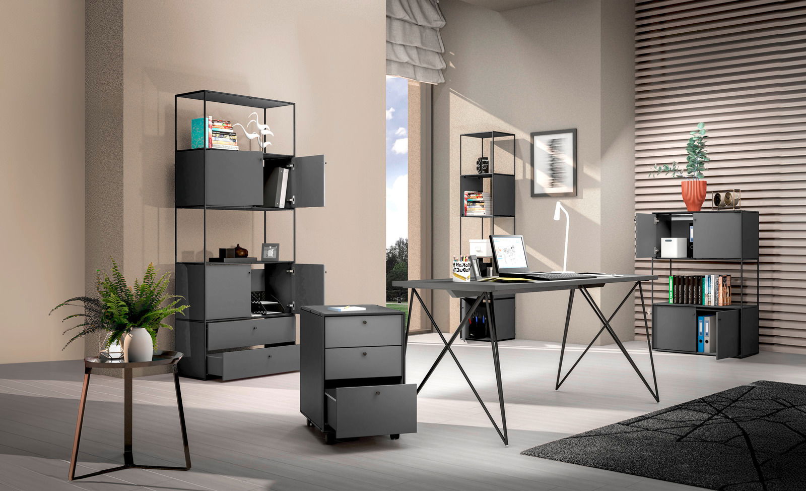 Moderne Büromöbel in einem stilvollen Raum, darunter ein Winkelschreibtisch mit Kommode, Aktenregale und ein Rollcontainer, aus der Perspektive eines offenen Raumes betrachtet.