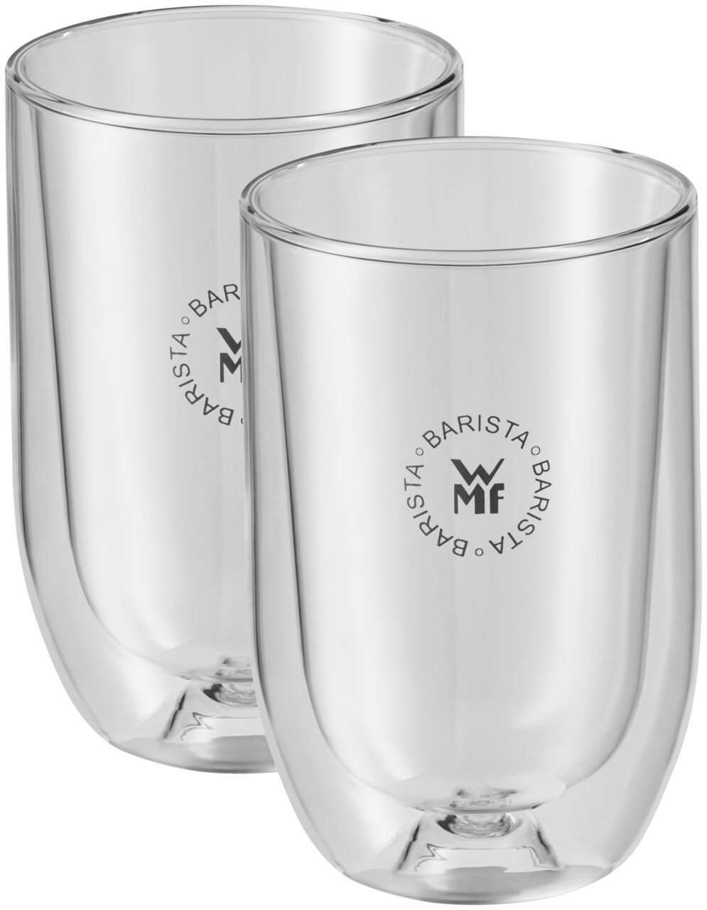 WMF Latte macchiato (2 stuks) BARISTA Twee doorzichtige latte macchiato-glazen van WMF Barista, gezien van voren en iets van opzij.