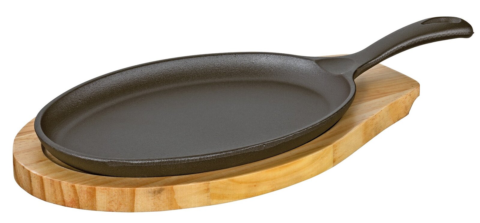 BBQ Servierpfanne mit Holzbrett, seitliche Perspektive