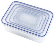 Rechteckige Frischhaltedose mit transparentem Deckel und blauer Dichtung, Ansicht von oben