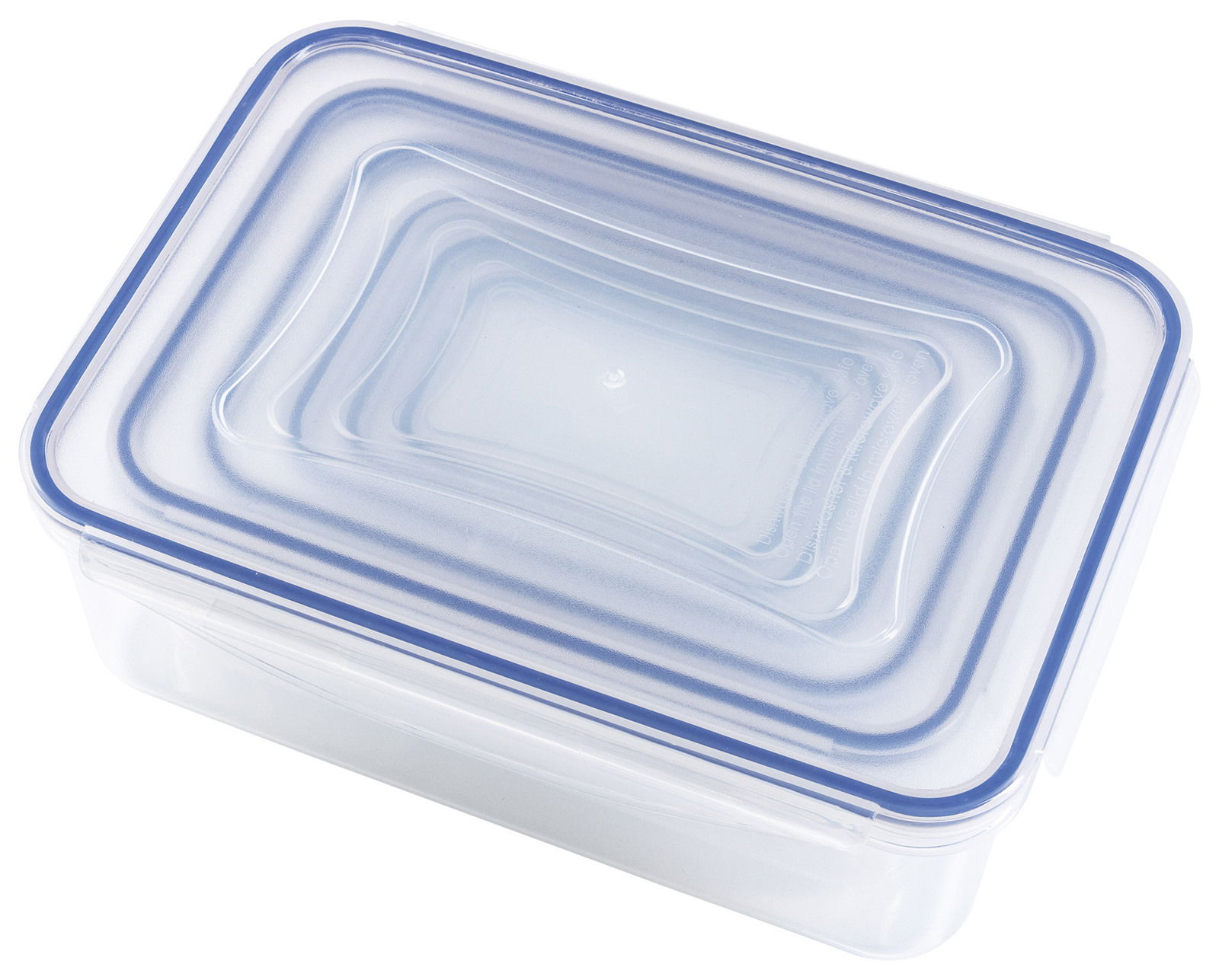 Rechteckige Frischhaltedose mit transparentem Deckel und blauer Dichtung, Ansicht von oben