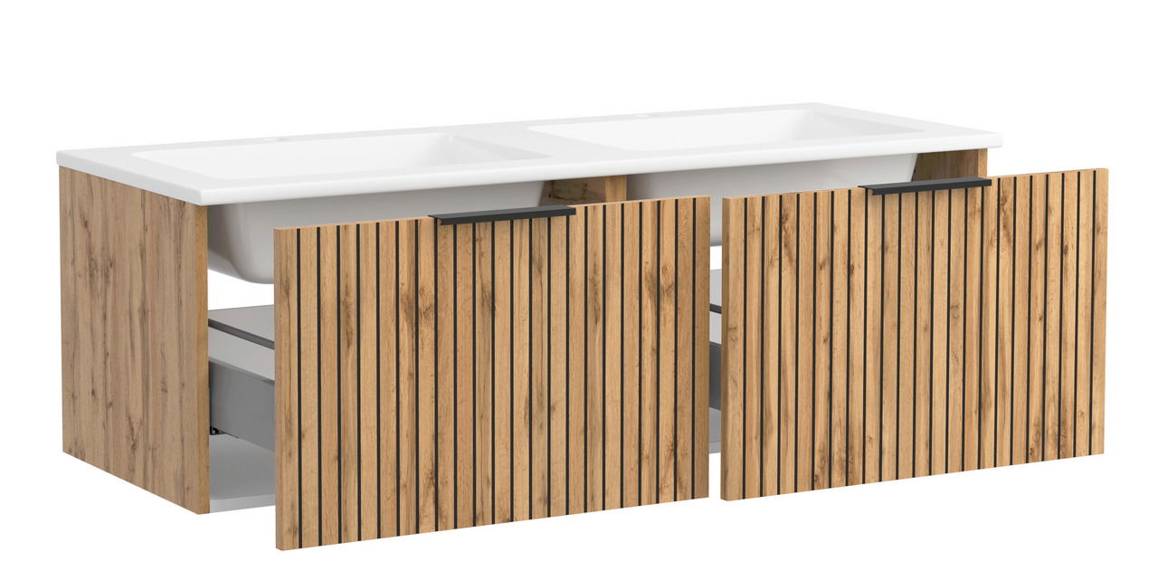 Waschtisch-Set 120 cm mit Doppelwaschbecken und Holzfront, seitliche Perspektive