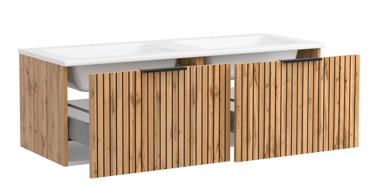 Waschtisch-Set 120 cm mit Doppelwaschbecken und Holzfront, seitliche Perspektive