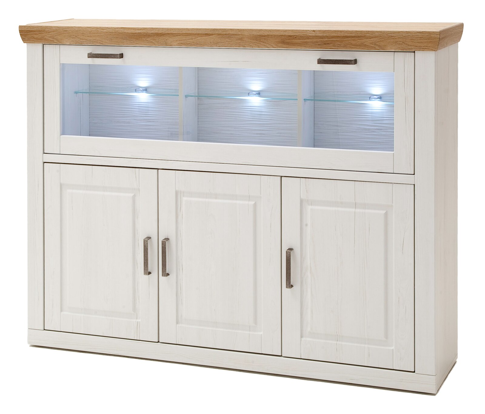 Landscape Highboard BREGENZ Weiße Anrichte/Highboard im Landhausstil mit Holzplatte in Eichenoptik, Glasvitrine mit LED-Beleuchtung und drei Schranktüren, frontale Ansicht