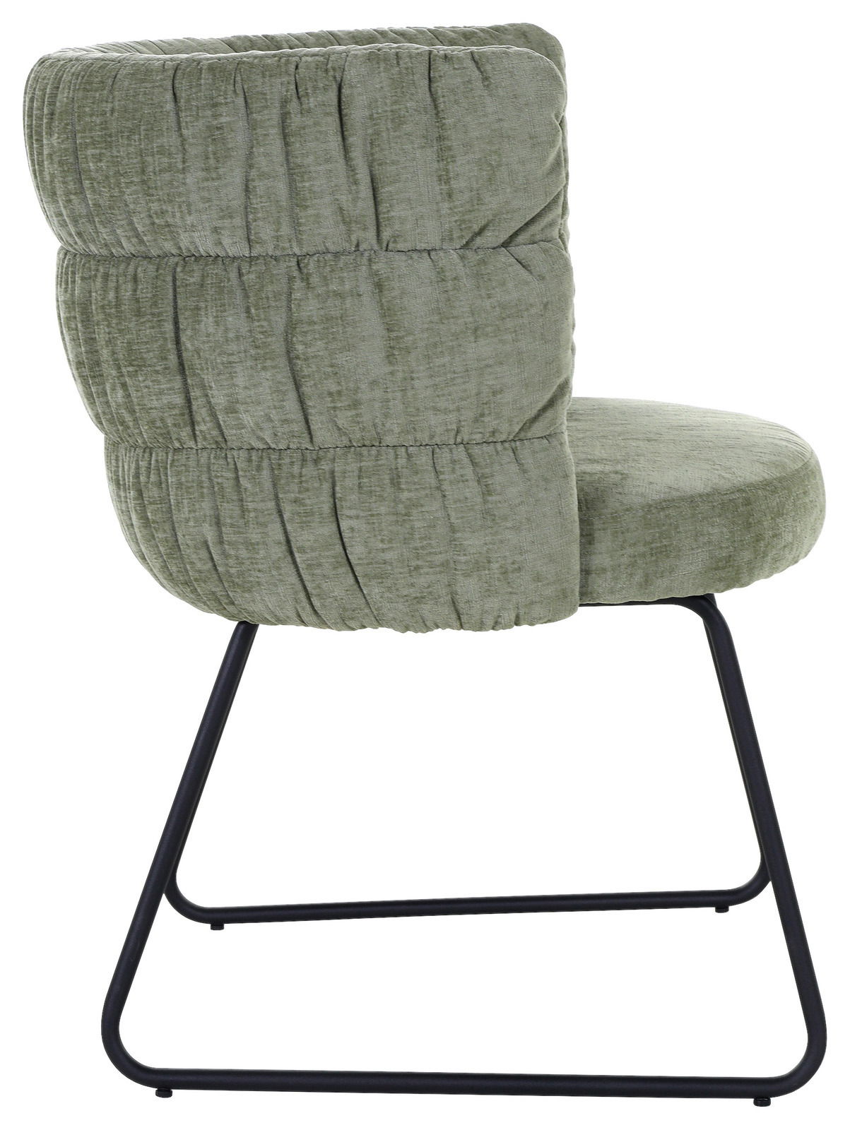 Seitenansicht eines grünen Armlehnstuhls mit gepolstertem Stoffbezug und schwarzem Metallgestell.