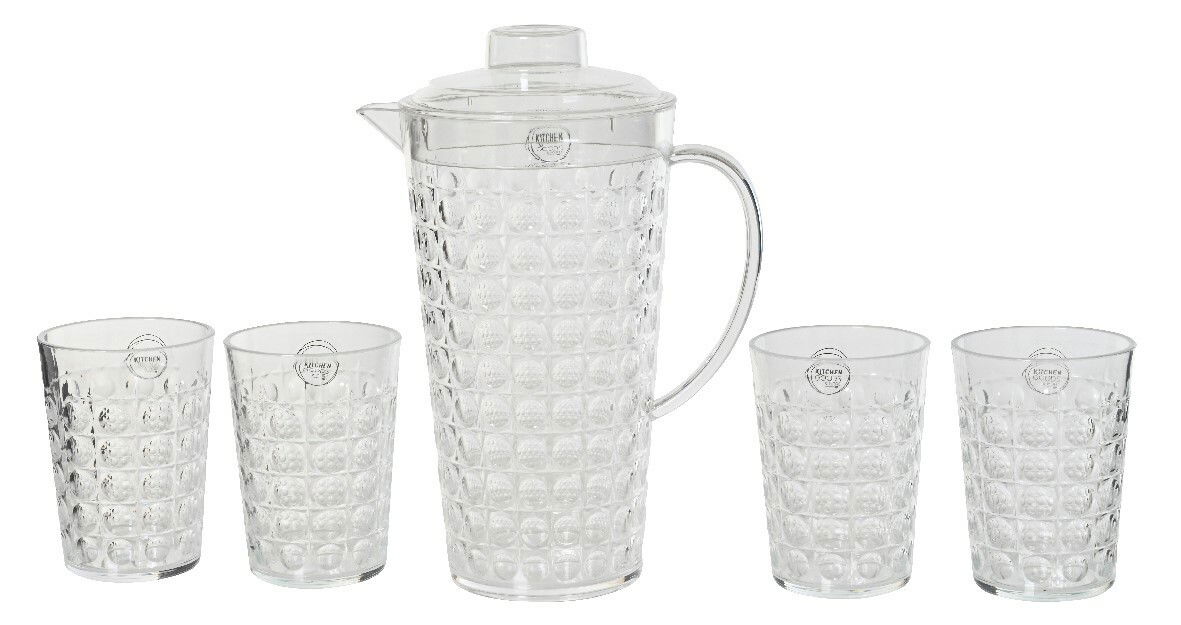 Transparentes 5-teiliges Kannenset mit einem Krug und vier passenden Gläsern, frontal abgebildet.