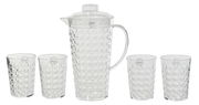 Transparentes 5-teiliges Kannenset mit einem Krug und vier passenden Gläsern, frontal abgebildet.