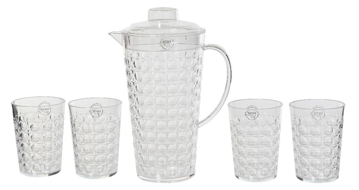Transparentes 5-teiliges Kannenset mit einem Krug und vier passenden Gläsern, frontal abgebildet.