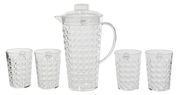 Transparentes 5-teiliges Kannenset mit einem Krug und vier passenden Gläsern, frontal abgebildet.
