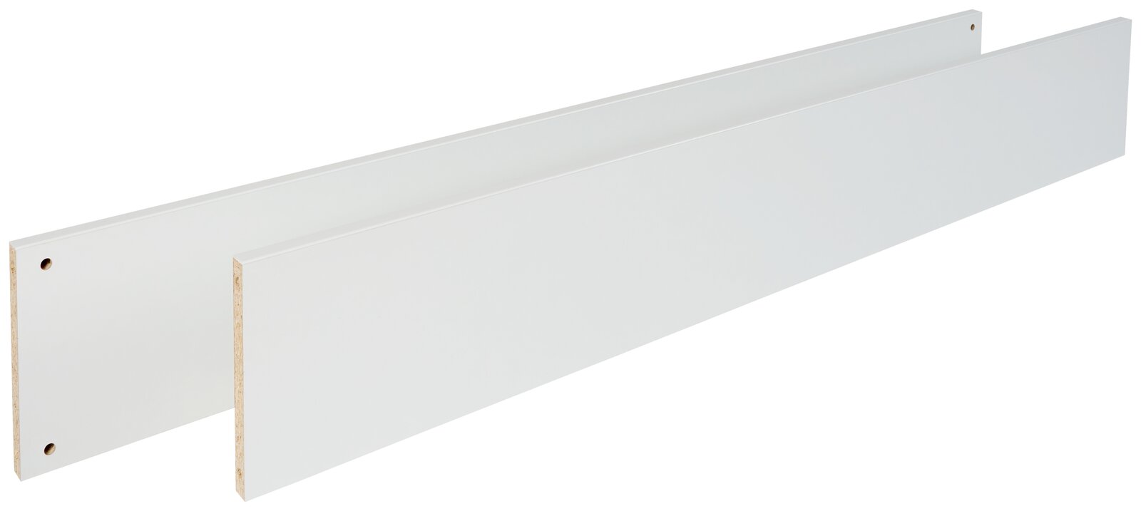 Zwei weiße Umbauseiten aus Holzwerkstoff, seitliche Perspektive