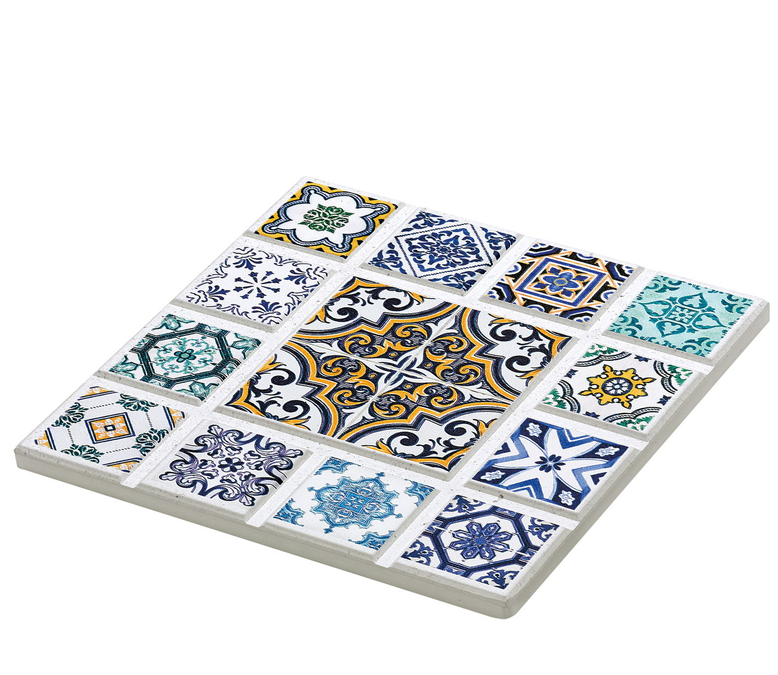 Untersetzer AGADIR Raute mit buntem Mosaikmuster, aus schräger Perspektive fotografiert