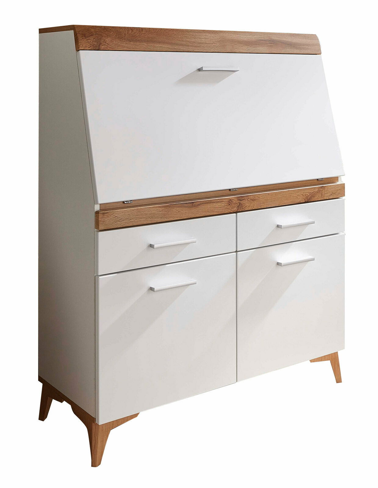 Moderner Sekretär in Weiß mit Holzdetails, seitliche Perspektive