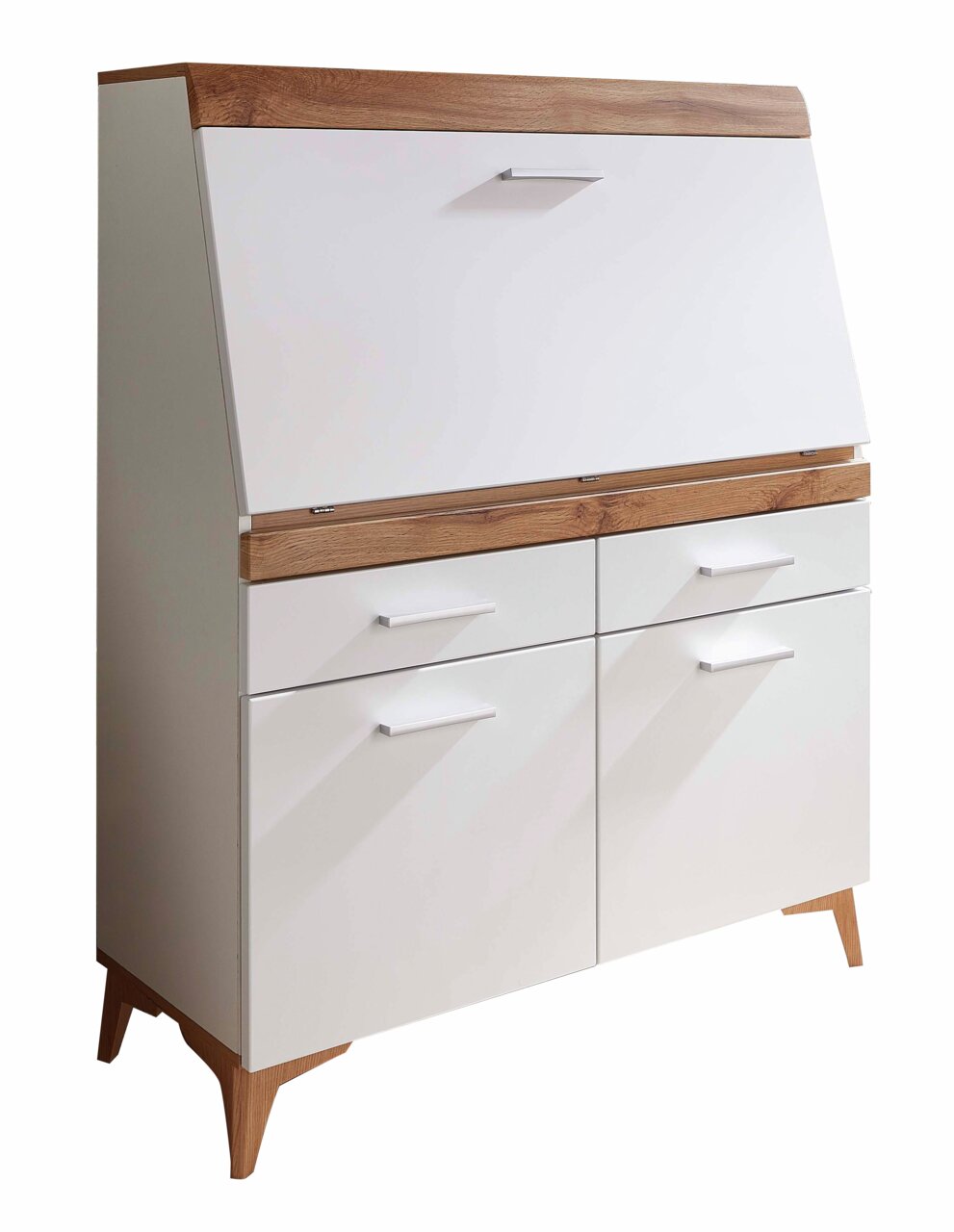 Moderner Sekretär in Weiß mit Holzdetails, seitliche Perspektive