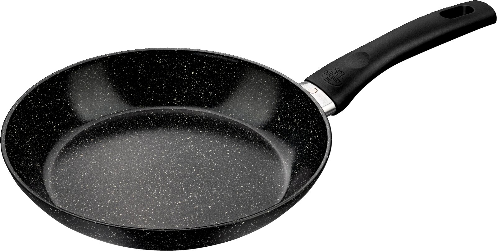 Bratpfanne mit 24 cm Durchmesser, schwarze Antihaftbeschichtung mit weißen Sprenkeln, seitliche Perspektive