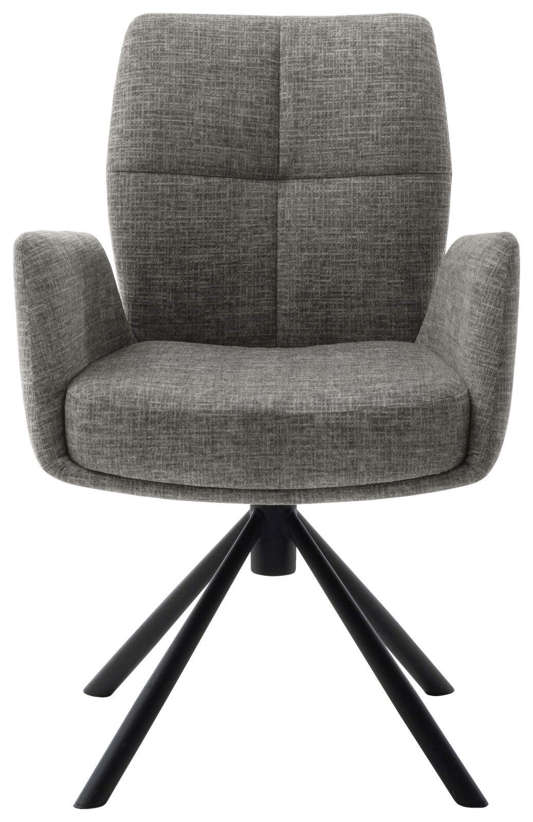 Grauer Sessel mit gepolsterter Sitzfläche und Rückenlehne, schwarzes Metallgestell, Frontalansicht