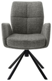 Grauer Sessel mit gepolsterter Sitzfläche und Rückenlehne, schwarzes Metallgestell, Frontalansicht