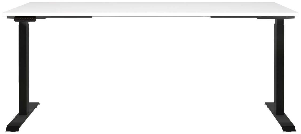 Elektrisch höhenverstellbarer Schreibtisch mit weißer Tischplatte und schwarzen Beinen, Frontalansicht