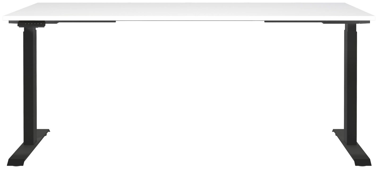 Elektrisch höhenverstellbarer Schreibtisch mit weißer Tischplatte und schwarzen Beinen, Frontalansicht