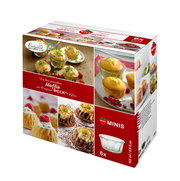 Verpackung mit sechs Vor- und Nachspeisengläsern von WECK, 165 ml, mit Muffins und Desserts abgebildet, Perspektive leicht von oben.