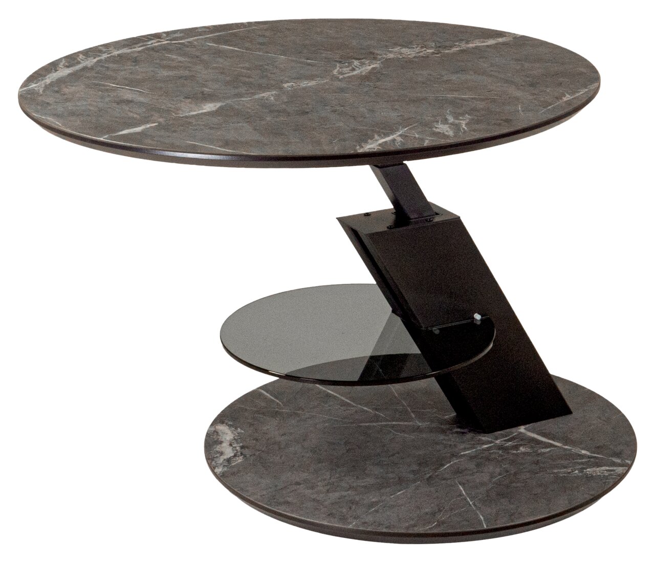 Moderne salontafel met rond marmeren blad en glazen plank, zijaanzicht