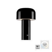 Schwarze Akku-Tischleuchte AGNES mit rundem Schirm, seitliche Perspektive, CCT-Modus 2700-5000 Kelvin.