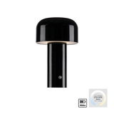 Schwarze Akku-Tischleuchte AGNES mit rundem Schirm, seitliche Perspektive, CCT-Modus 2700-5000 Kelvin.
