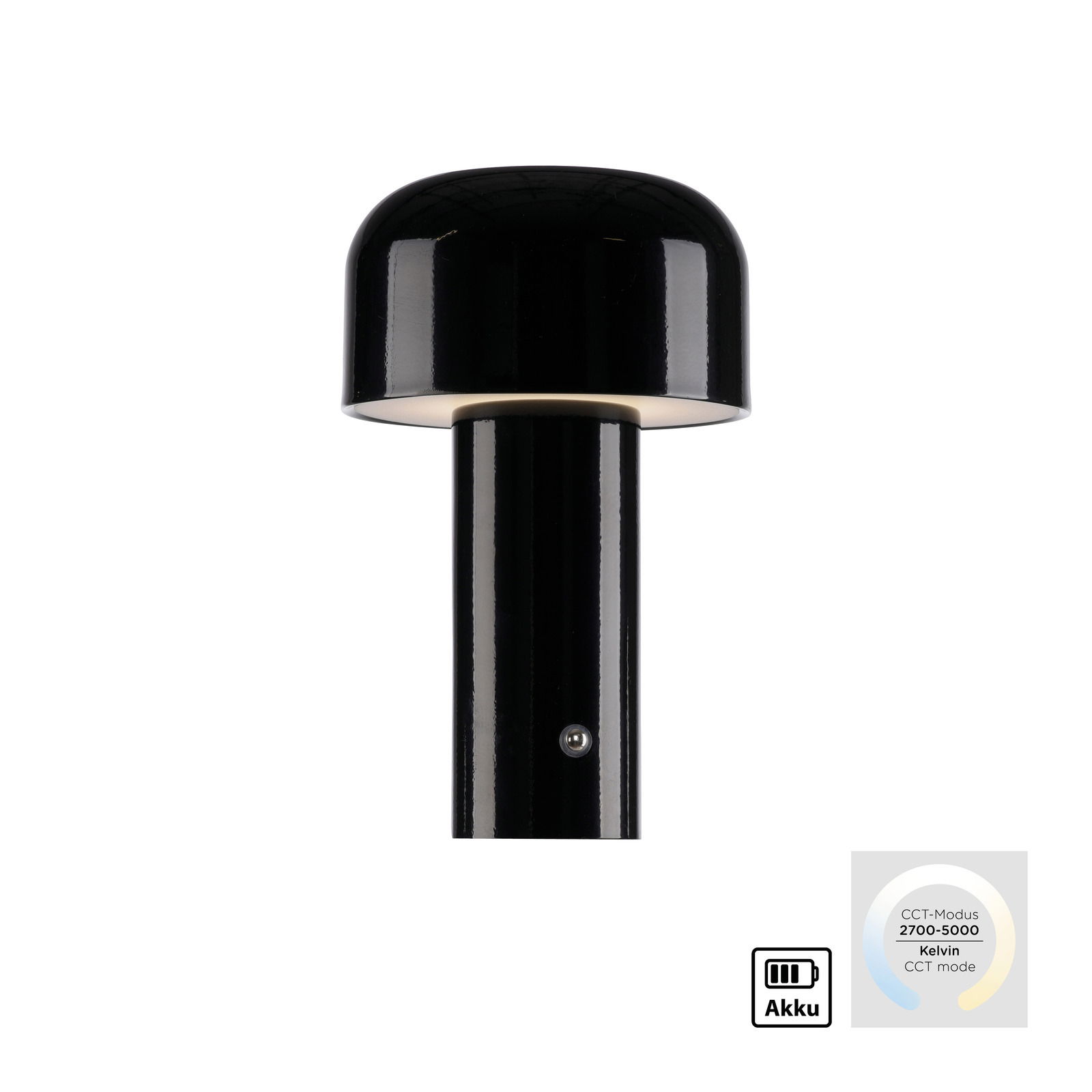 Schwarze Akku-Tischleuchte AGNES mit rundem Schirm, seitliche Perspektive, CCT-Modus 2700-5000 Kelvin.