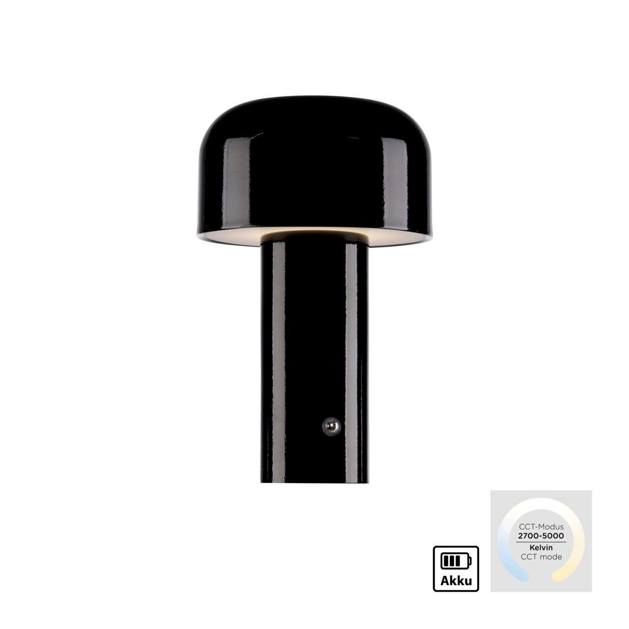 Schwarze Akku-Tischleuchte AGNES mit rundem Schirm, seitliche Perspektive, CCT-Modus 2700-5000 Kelvin.