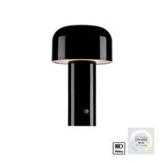 Schwarze Akku-Tischleuchte AGNES mit rundem Schirm, seitliche Perspektive, CCT-Modus 2700-5000 Kelvin.