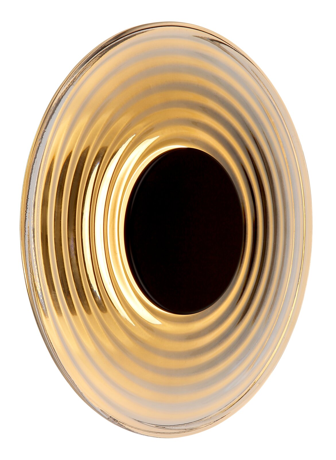 Goldfarbene, oval geformte Wandleuchte/Deckenleuchte aus geripptem Glas mit schwarzer Mittelöffnung, Frontansicht