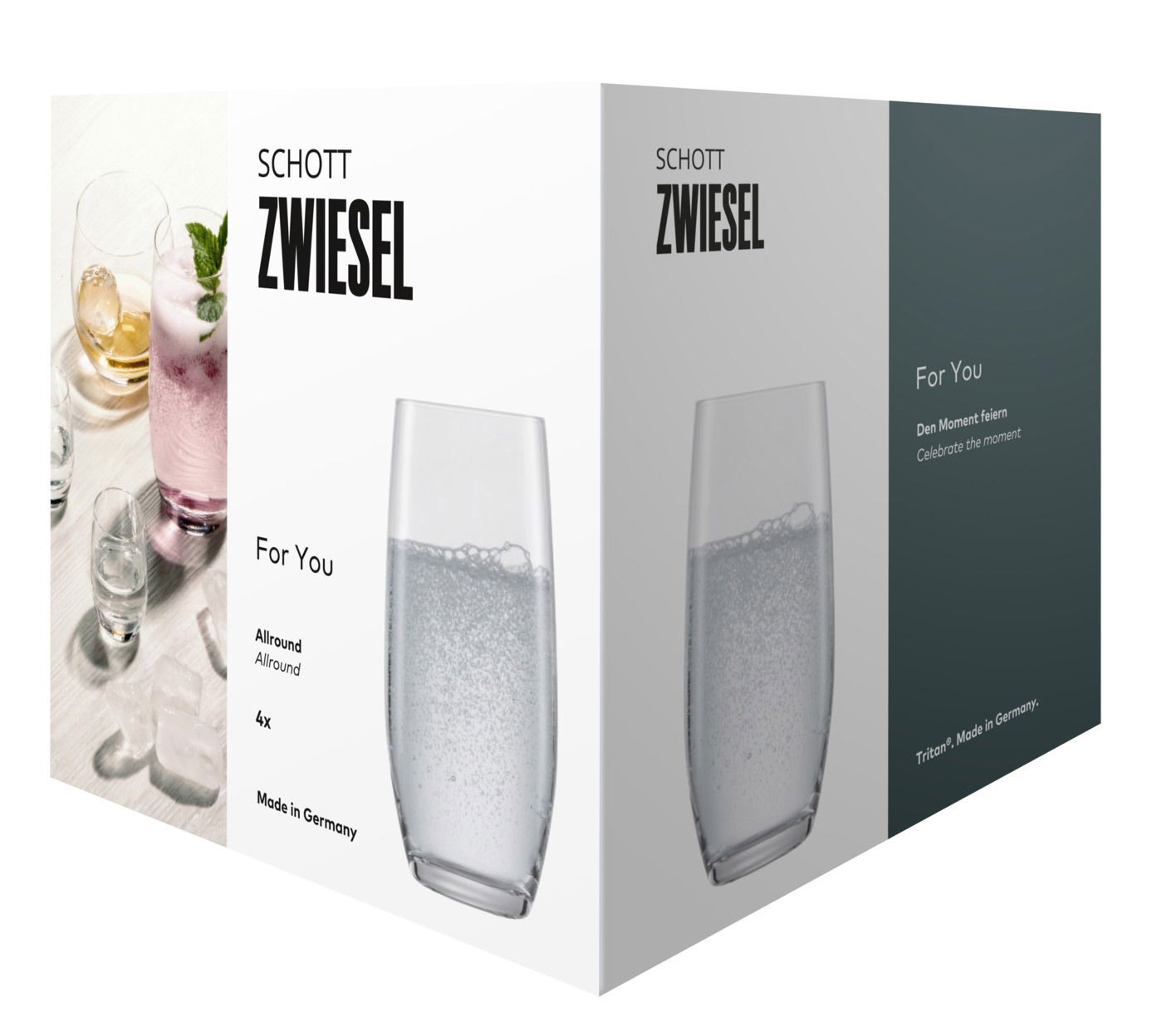 SCHOTT ZWIESEL Bierglas-Set 4-tlg. For You Verpackung des Schott Zwiesel Allroundbecher 4er Sets, Vorderansicht mit einem Glas gefüllt mit sprudelndem Wasser, Made in Germany.