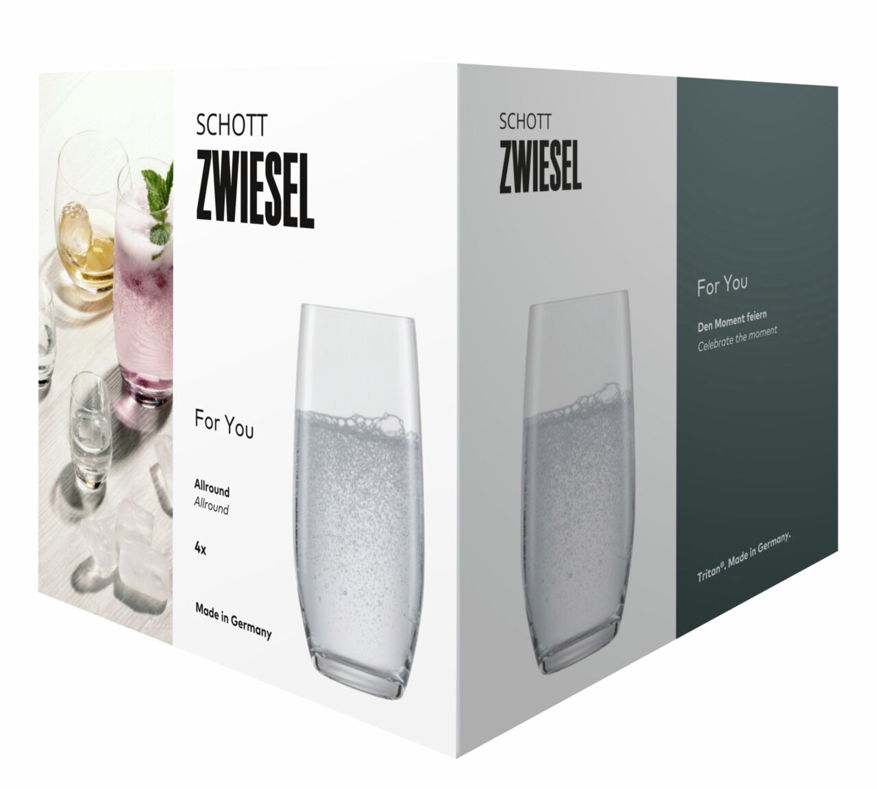 Verpakking van de Schott Zwiesel Allround-beker, set van 4, vooraanzicht met een glas gevuld met bruisend water, Made in Germany.
