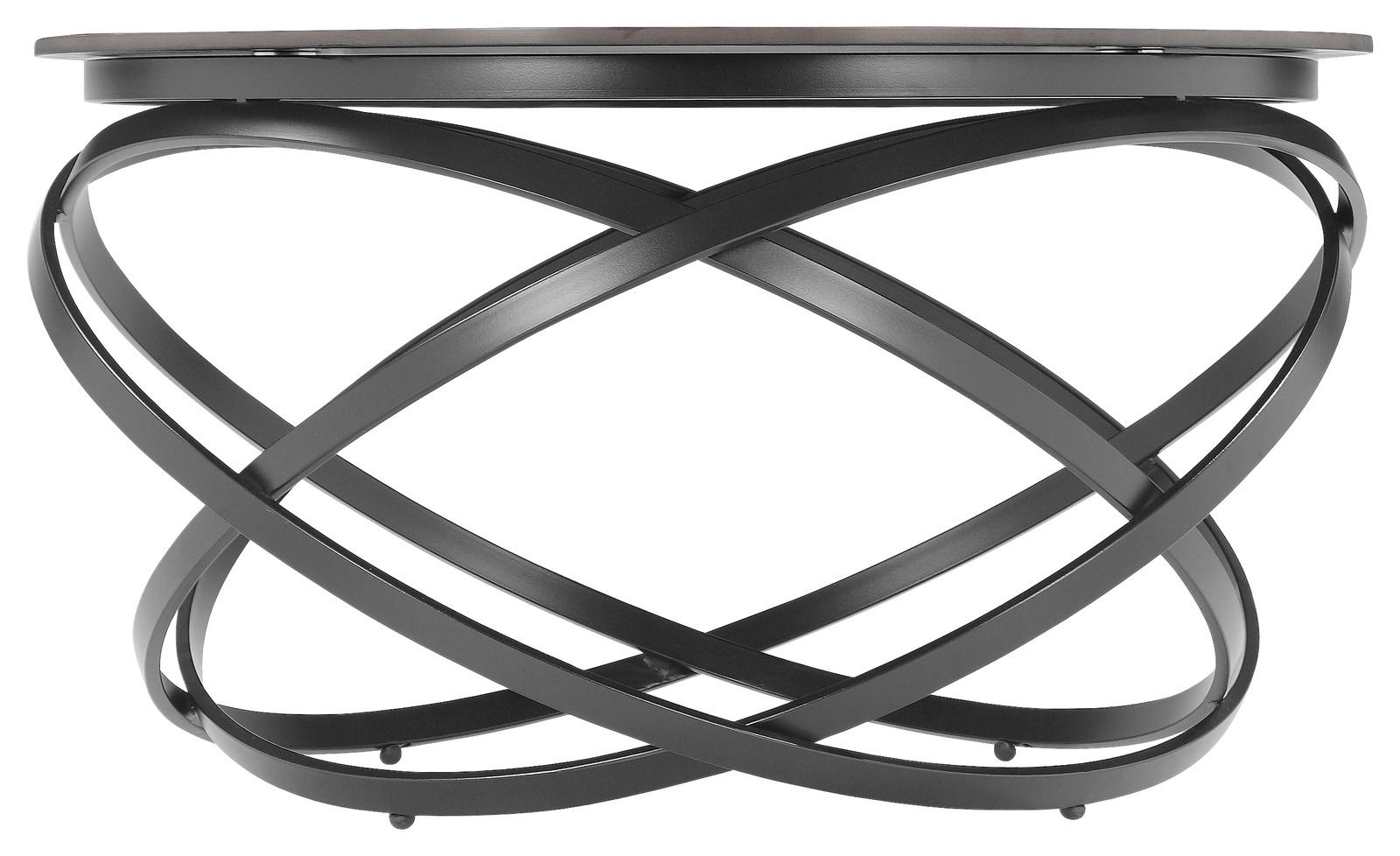 Moderner Couchtisch mit schwarzem, verschlungenem Metallgestell und runder Tischplatte, Seitenansicht.