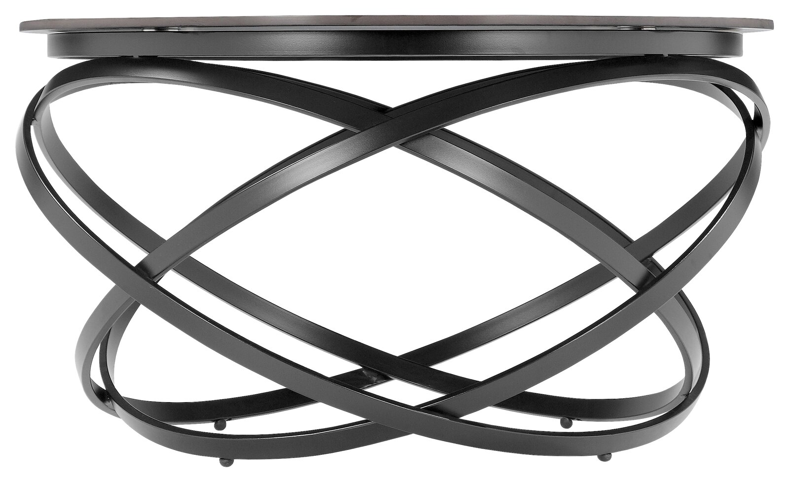 Moderner Couchtisch mit schwarzem, verschlungenem Metallgestell und runder Tischplatte, Seitenansicht.